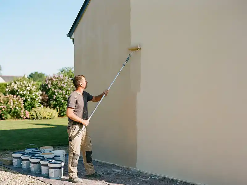 Une personne utilise un rouleau sur une perche pour l'application d'un rev&ecirc;tement protecteur adapt&eacute;, peignant le mur ext&eacute;rieur d'une maison d'une couleur claire. Plusieurs seaux de peinture sont align&eacute;s &agrave; proximit&eacute;, avec un jardin visible &agrave; l'arri&egrave;re-plan.