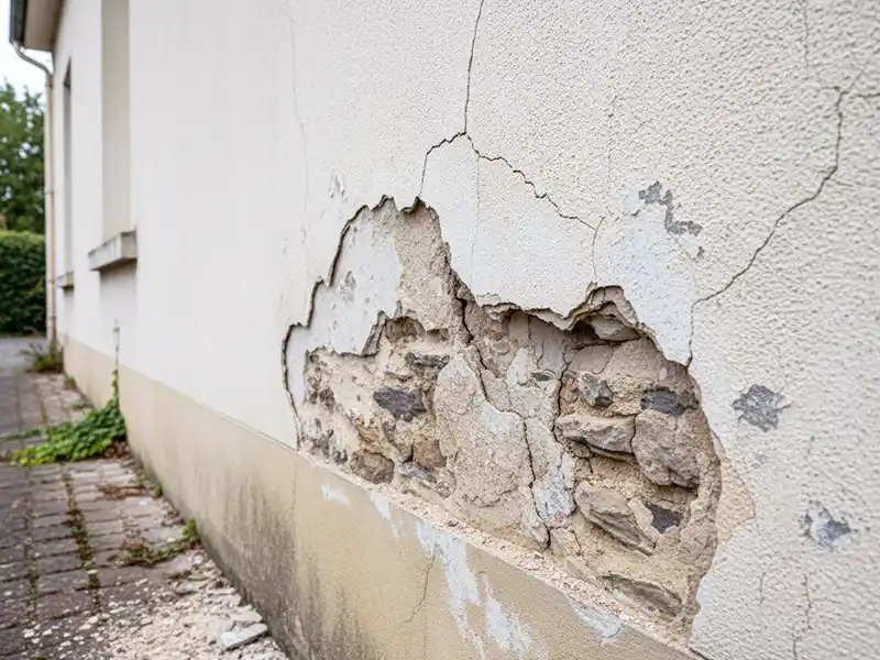 Gros plan d'un mur de maison avec enduit qui s'effrite, le pl&acirc;tre se fissurant et s'effritant pour laisser appara&icirc;tre la pierre et la brique en dessous. La zone endommag&eacute;e pr&eacute;sente une usure et un d&eacute;labrement importants, avec un trottoir et de la verdure visibles &agrave; c&ocirc;t&eacute; du mur.