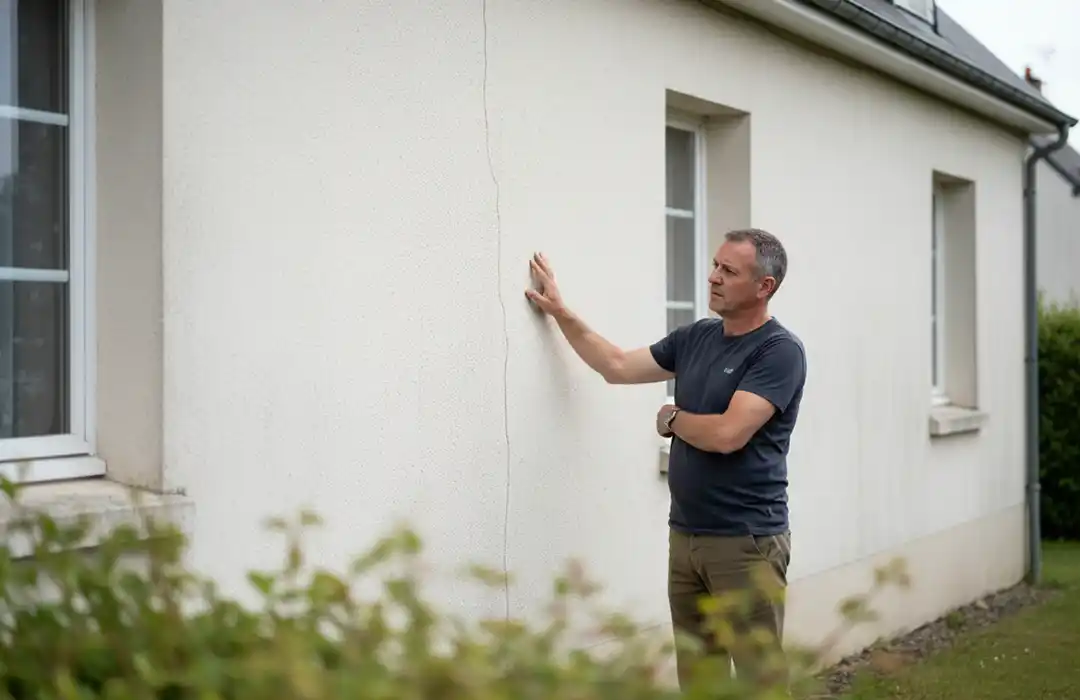 Un homme se tient &agrave; l'ext&eacute;rieur d'une maison &agrave; Blois, examinant une longue fissure verticale sur votre fa&ccedil;ade pr&egrave;s d'une fen&ecirc;tre, avec de la verdure visible au premier plan.