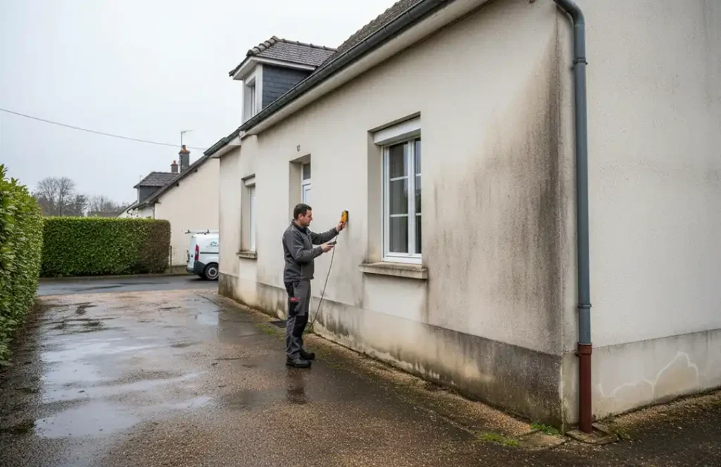 Une personne en tenue de travail utilise un appareil portatif pour inspecter ou nettoyer le mur ext&eacute;rieur d'une maison, o&ugrave; l'humidit&eacute; sur les murs ext&eacute;rieurs &agrave; Blois est &eacute;vidente avec des taches sombres et des moisissures visibles. Une camionnette blanche est gar&eacute;e &agrave; proximit&eacute;, dans une all&eacute;e humide.
