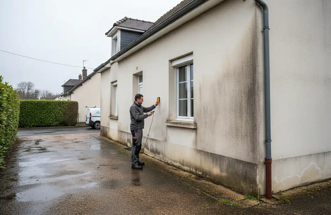 Une personne en tenue de travail utilise un appareil portatif pour inspecter ou nettoyer le mur ext&eacute;rieur d'une maison, o&ugrave; l'humidit&eacute; sur les murs ext&eacute;rieurs &agrave; Blois est &eacute;vidente avec des taches sombres et des moisissures visibles. Une camionnette blanche est gar&eacute;e &agrave; proximit&eacute;, dans une all&eacute;e humide.