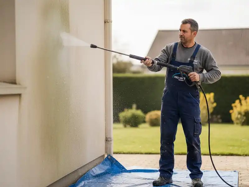 Un homme portant une combinaison bleue utilise un nettoyeur &agrave; pression pour le nettoyage de fa&ccedil;ade, debout sur une b&acirc;che bleue, avec une cour herbeuse et des arbustes en arri&egrave;re-plan.