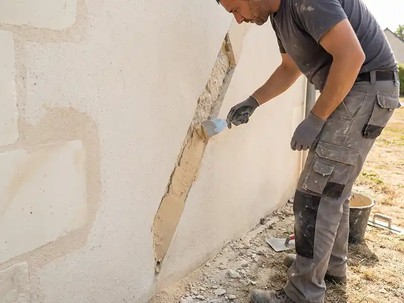 Un ouvrier portant des gants et des v&ecirc;tements de travail effectue un traitement des fissures, en utilisant une truelle pour r&eacute;parer une grande fissure dans un mur ext&eacute;rieur. Des outils de construction et un seau sont pos&eacute;s sur le sol &agrave; proximit&eacute;.
