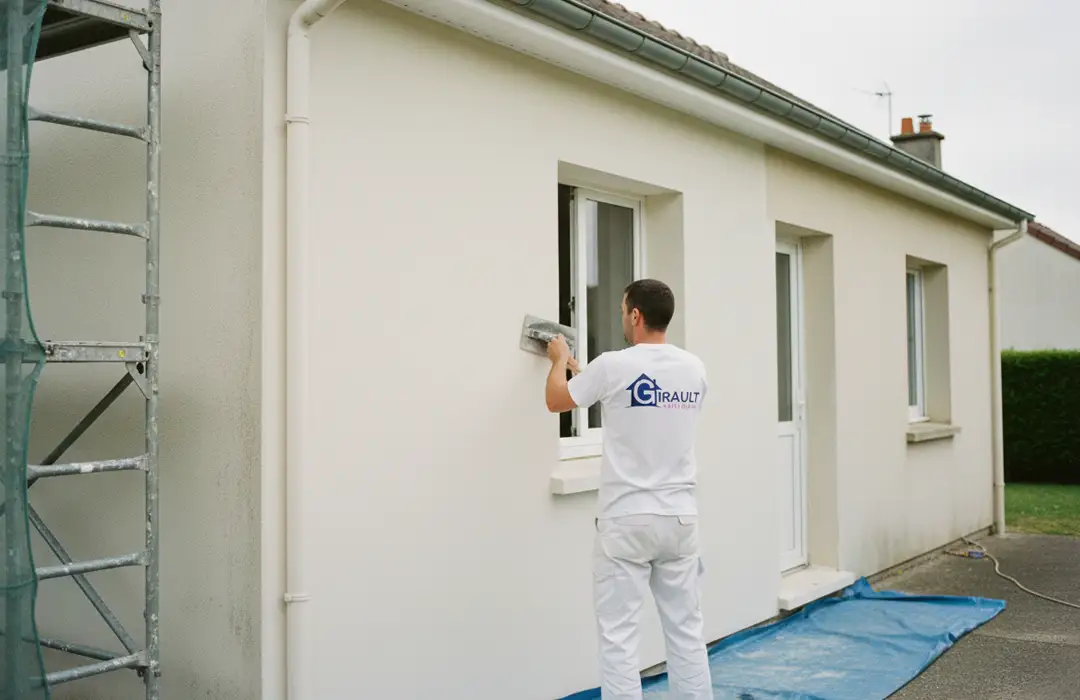 Un artisan fa&ccedil;adier &agrave; Blois en tenue de travail blanche lisse &agrave; la truelle le mur ext&eacute;rieur d'une maison de couleur cr&egrave;me. Un &eacute;chafaudage se trouve &agrave; proximit&eacute; et plusieurs fen&ecirc;tres pars&egrave;ment la fa&ccedil;ade.