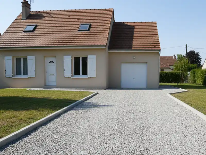 Maison de plain-pied de couleur beige avec un toit en tuiles brunes, des volets blancs et un garage simple. Une large all&eacute;e de cr&eacute;ation gravillon m&egrave;ne au garage, bord&eacute;e de part et d'autre de pelouses sous un ciel d&eacute;gag&eacute;.