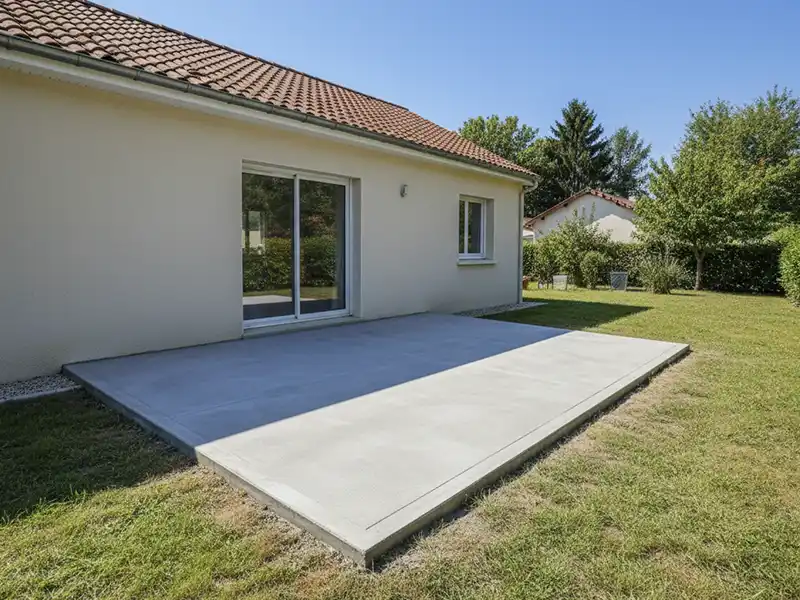 Une maison de plain-pied avec un toit en tuiles rouges et des murs clairs dispose d'une cr&eacute;ation terrasse b&eacute;ton spacieuse et de portes coulissantes en verre, entour&eacute;e d'herbe verte et d'arbres sous un ciel bleu limpide.