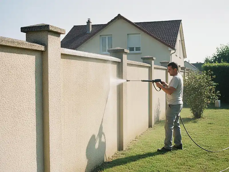 Un homme utilise un nettoyeur &agrave; pression pour le nettoyage de muret, nettoyant un grand mur de b&eacute;ton clair &agrave; l'ext&eacute;rieur, avec une maison et une pelouse verte visibles &agrave; l'arri&egrave;re-plan.