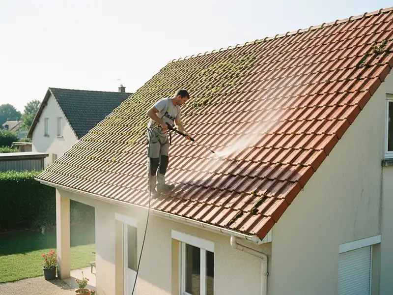 Une personne se tient sur un toit inclin&eacute; en tuiles rouges et effectue un nettoyage de toiture &agrave; l'aide d'un nettoyeur haute pression, en pulv&eacute;risant de l'eau sur la surface. La maison est de couleur claire et les maisons voisines sont visibles &agrave; l'arri&egrave;re-plan.