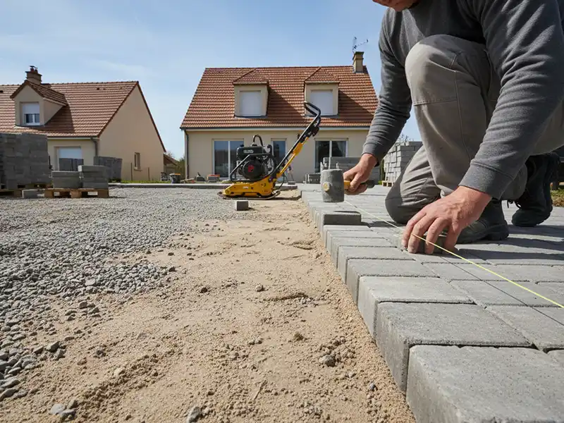 Une personne est agenouill&eacute;e sur le sol, effectuant soigneusement la pose de pav&eacute;, installant des pav&eacute;s gris dans une rang&eacute;e ordonn&eacute;e &agrave; l'aide d'une ficelle pour l'alignement. Des outils de construction et des piles de pav&eacute;s se trouvent &agrave; proximit&eacute;, avec des maisons en arri&egrave;re-plan.