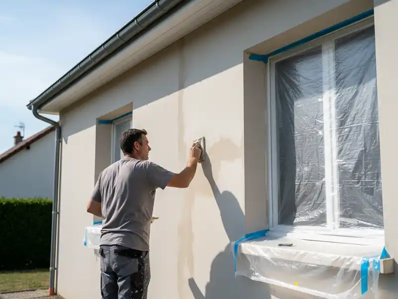 Un homme pr&eacute;pare le mur ext&eacute;rieur d'une maison pour la peinture en appliquant du pl&acirc;tre. Les fen&ecirc;tres sont recouvertes de feuilles de plastique et de ruban adh&eacute;sif dans le cadre de la pr&eacute;paration des supports, tandis qu'il travaille en t-shirt gris et pantalon sombre.